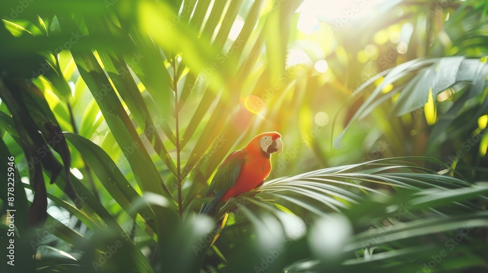 Vivid tropical birds with colorful plumage flying gracefully through the sun dappled jungle canopy Vivid tropical birds with colorful plumage flying gracefully through the sun dappled jungle canopy