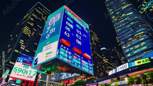 City lights pierce the night sky above towering skyscrapers in a bustling urban center photo