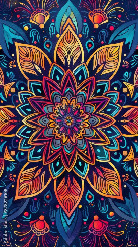 A symmetrical mandala with intricate patterns and vibrant colors on a dark blue background