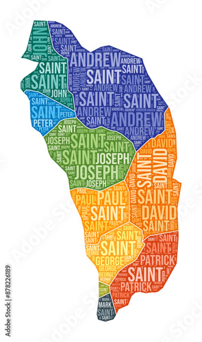 Dominica shape. Country word cloud with region division. Dominica colored illustration. Region names cloud. Vector illustration.