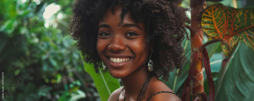 A young woman with afro hair smiles in a lush garden A young woman with afro hair smiles in a lush garden