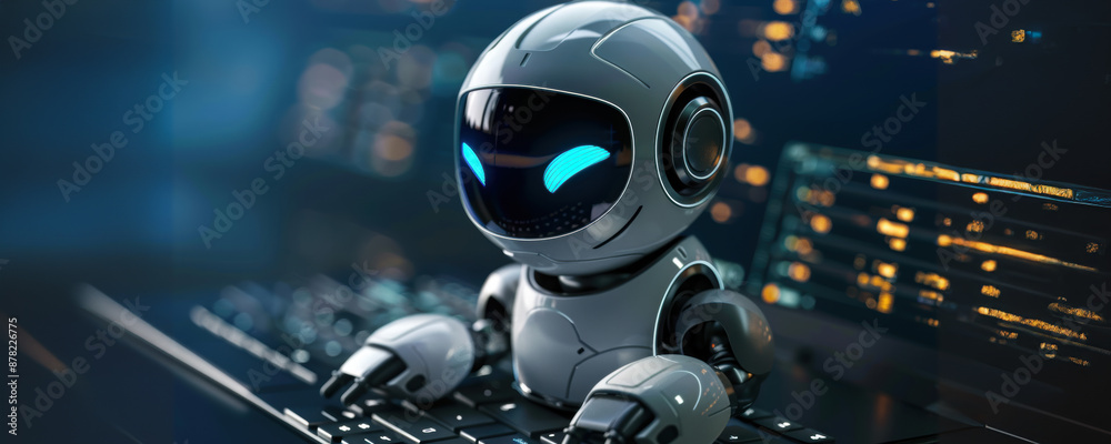 White robot using a computer keyboard in a futuristic setting White robot using a computer keyboard in a futuristic setting