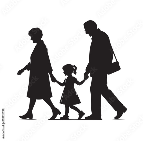 grandparents walking with two granddaughter silhouette vector