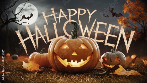 A happy halloween greeting with pumpkins and bats in the background, AI