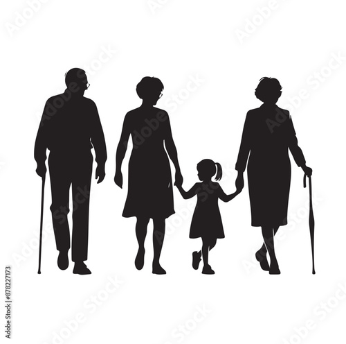 grandparents walking with two granddaughter silhouette vector