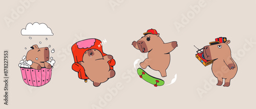 Set of cute capybaras. Takes a bath, skateboards, sleeps on a chair and listens to music from a tape recorder. Character in cartoon flat style. Trendy vector illustration.