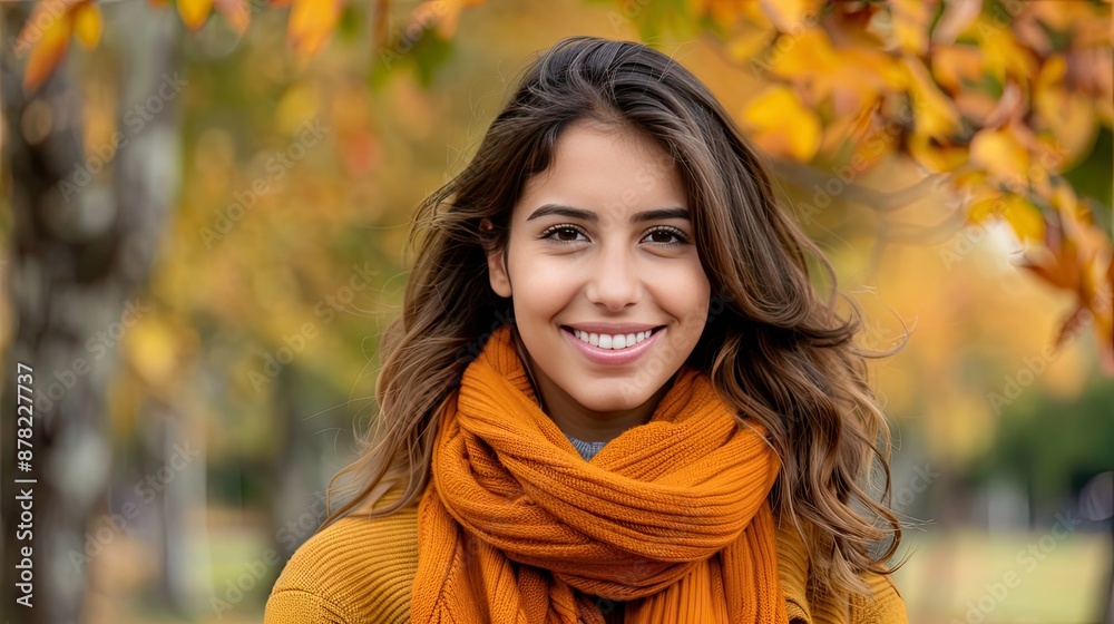 A Woman Smiles Warmly Amidst Autumn's Colors A Woman Smiles Warmly Amidst Autumn's Colors