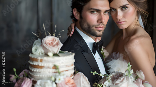 bride and groom posing with wedding cake