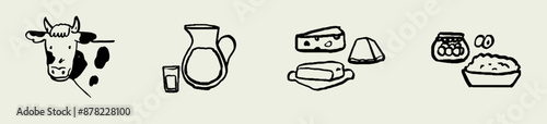 Different types of fresh handmade farm dairy products. Support local farmers banner, flyer, web landing page, poster or placard in charcoal, ink, crayon style. Farmer production and cow drawing icon.