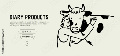 Woman with milk cow hugging. Livestock domestic animal with farm worker on ranch. Farmer milker and her cattle. Support local farmers vector illustration in charcoal, ink or crayon hand drawn style.