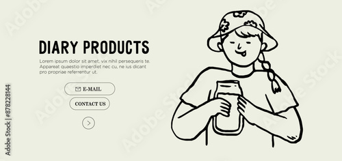 Small child with milk bottle. Girl drinking fresh milk from farm. Support local farmers vector illustration in charcoal, ink or crayon hand drawn style. Healthy nutrition and rural lifestyle.