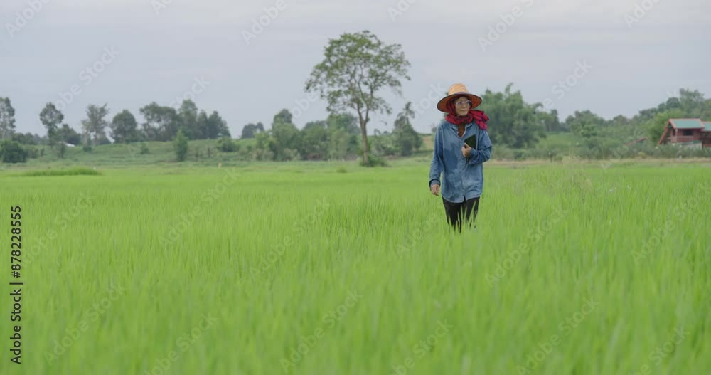 Rice plantation in field on countryside, rice seeding in organic agriculture farm in Asia, green of rice plant in water and soil for growth, farmer people working in area of field, lifestyle in rural Rice plantation in field on countryside, rice seeding in organic agriculture farm in Asia, green of rice plant in water and soil for growth, farmer people working in area of field, lifestyle in rural
