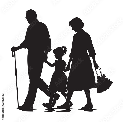 grandparents walking with two granddaughter silhouette vector