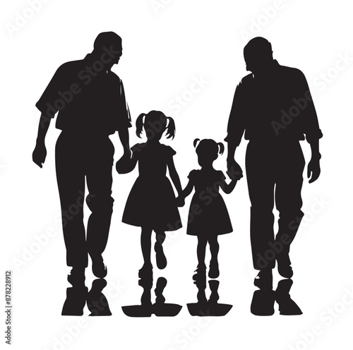 grandparents walking with two granddaughter silhouette vector