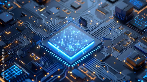A chip with blue lighting on the surface of the circuit board. Artificial Intelligence High-Tech. Science and technology.