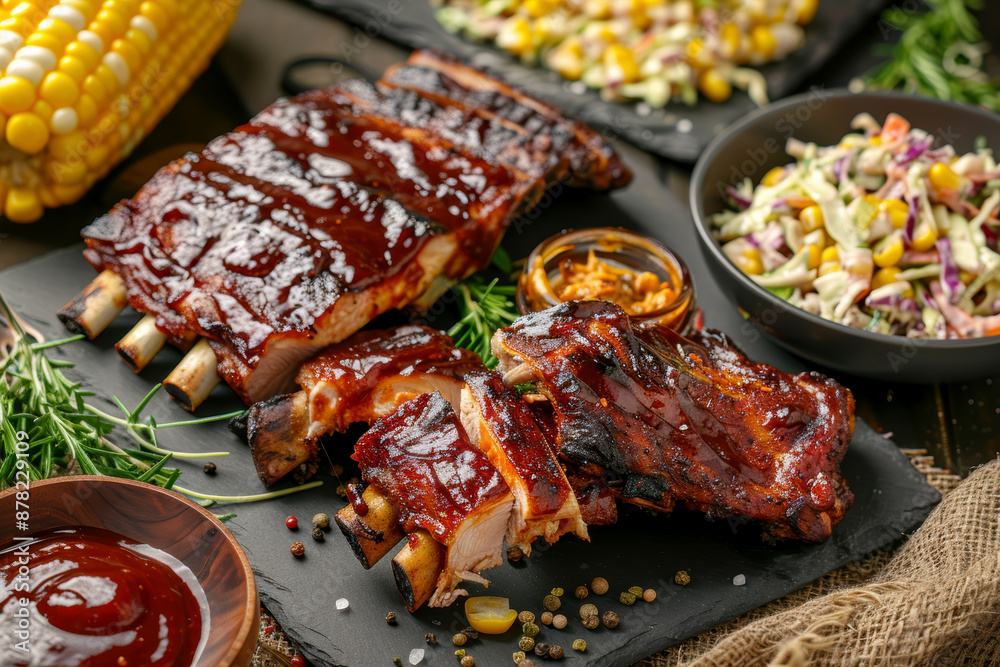 bbq ribs, coleslaw, grilled corn spread. AI generative. bbq ribs, coleslaw, grilled corn spread. AI generative.