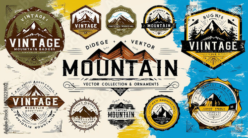 Vintage mountain badge, vector illustration and ornament,