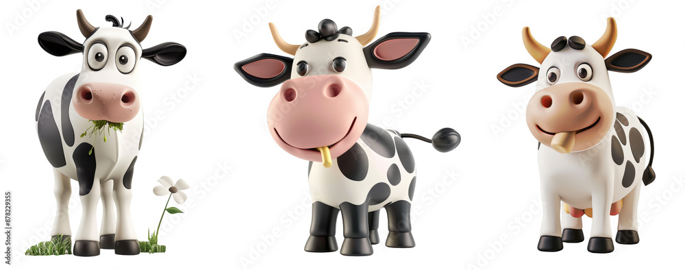 Fototapeta premium 3D Cartoon Cow PNG Set - Adorable Farm Animal Illustrations with Transparent Background for Commercial Use 