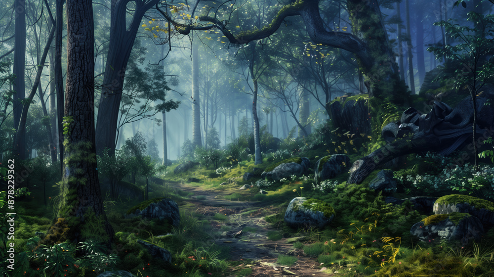 Obraz premium Enchanted Forest Trail: Serene Path through Ancient Trees with Ethereal Mist and Vibrant Undergrowth