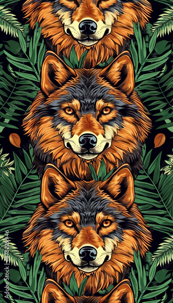 Wolves vigilantly hunting in dense jungle, alert for prey or dangers lurking in undergrowth Wolves vigilantly hunting in dense jungle, alert for prey or dangers lurking in undergrowth