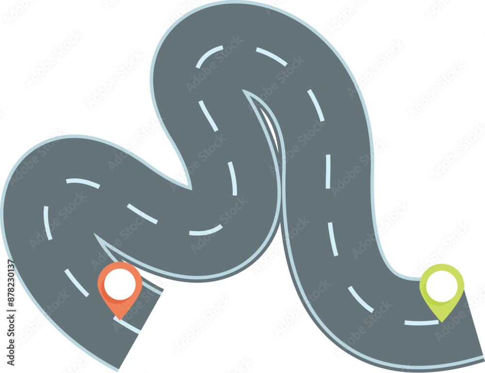 Winding road is connecting two points on a map, representing a journey or path to follow Winding road is connecting two points on a map, representing a journey or path to follow