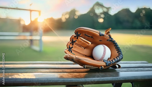 A close-up of a baseball glove and ball on a bench.