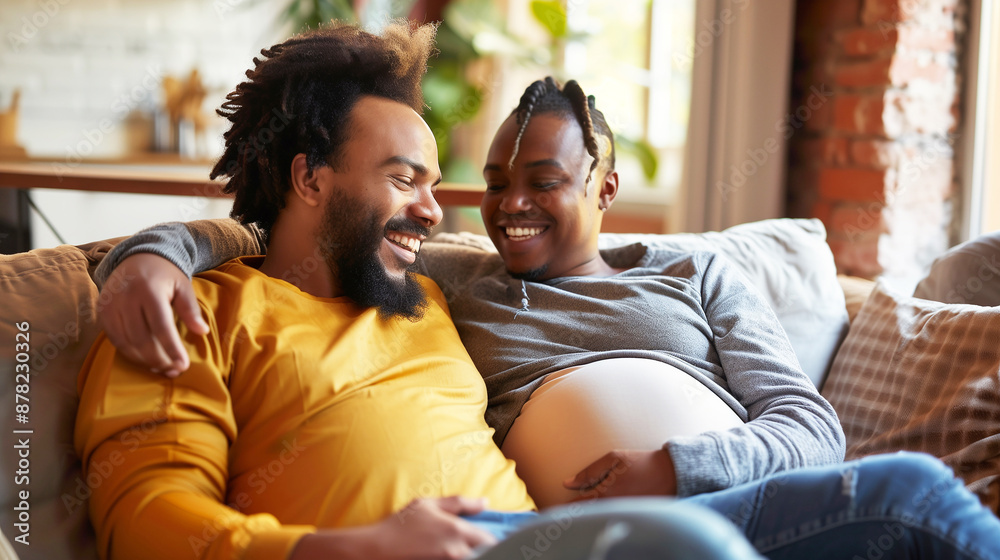 Fototapeta premium Happy pregnant transgender man standing in a sunlit room, radiating joy and contentment.