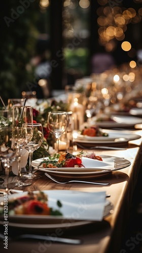 a table with a table full of food and wine glasses.