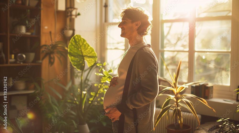 Obraz premium Happy pregnant transgender man standing in a sunlit room, radiating joy and contentment.
