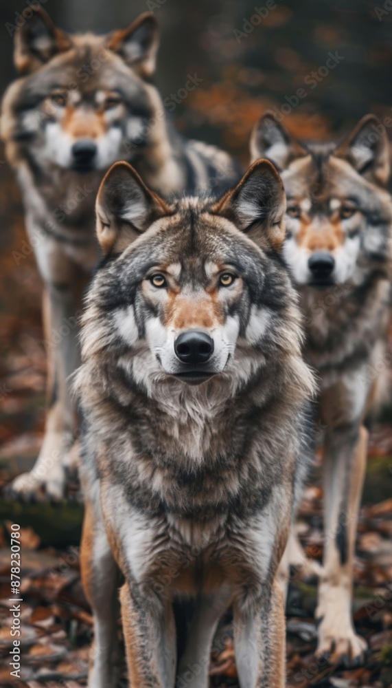 Wolves hunting in dense jungle, alert for prey and danger in their search for sustenance Wolves hunting in dense jungle, alert for prey and danger in their search for sustenance