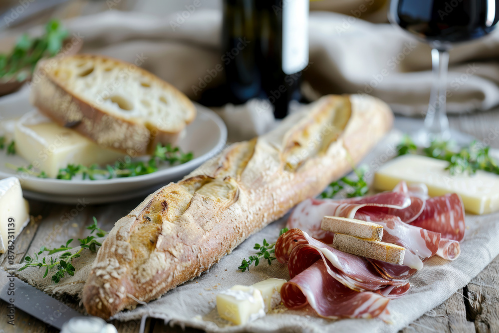 French baguette on the table with cheese, dried ham and a bottle of wine. AI generative. French baguette on the table with cheese, dried ham and a bottle of wine. AI generative.