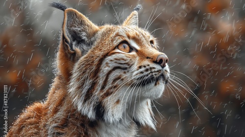 A lynx face wearing a cardigan and shirt for a photographer on a chestnut, gray plain background, in an ultra-detailed fashion.