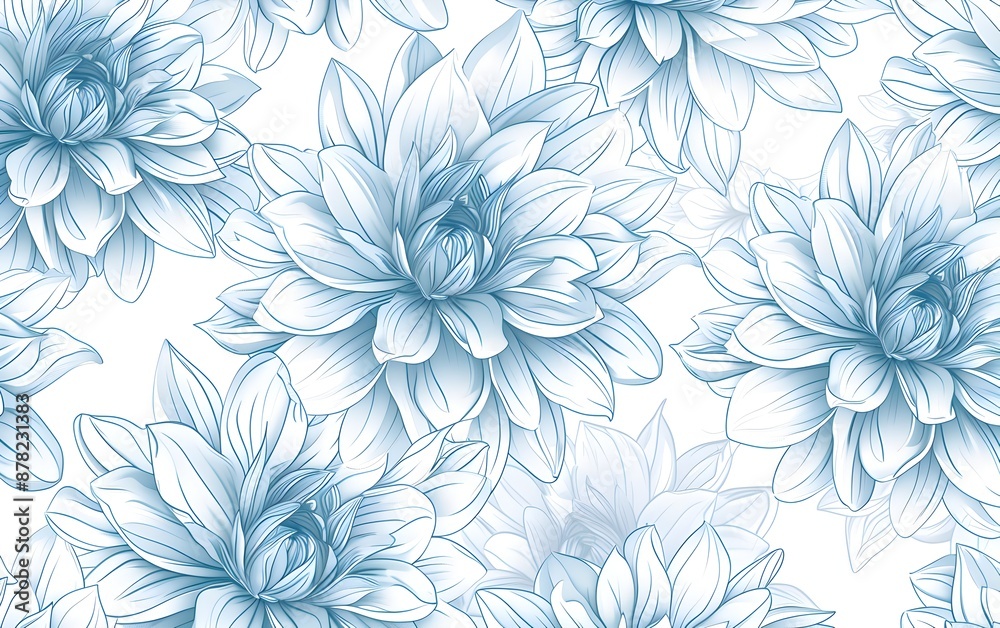 A seamless pattern of delicate line art dahlia flowers, their petals outlined in soft blue lines on an off-white background. The design is elegant and minimalist with each flower detailed yet simple A seamless pattern of delicate line art dahlia flowers, their petals outlined in soft blue lines on an off-white background. The design is elegant and minimalist with each flower detailed yet simple