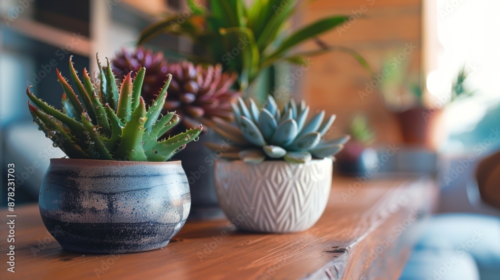 Succulent plants in ceramic pots on a wooden table Succulent plants in ceramic pots on a wooden table