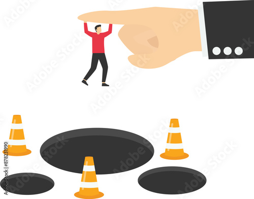 Solve business problem. Businessman hangs on for dear life from a behind the big finger hand as he swings above a pits and obstacle. Flat vector illustration

