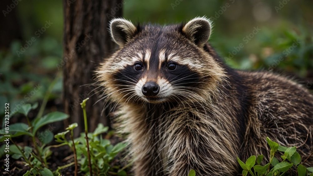 Obraz premium A close-up of a raccoon in a forest, highlighting its detailed fur and distinct facial markings amidst a natural, leafy background. 