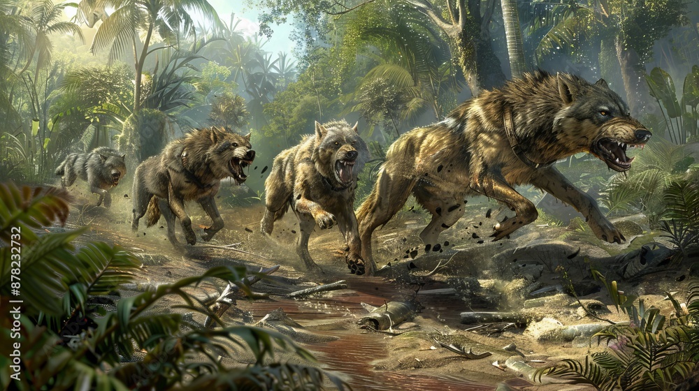 Wild wolves hunting in dense jungle, senses heightened, vigilant for prey and threats Wild wolves hunting in dense jungle, senses heightened, vigilant for prey and threats