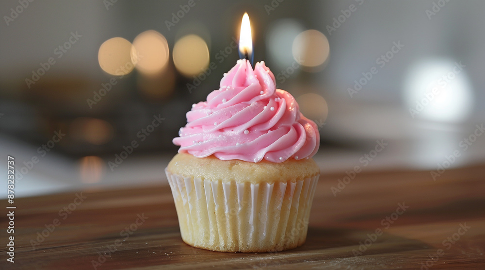 Celebratory Cupcake: Pink Frosted Delight with Single Candle