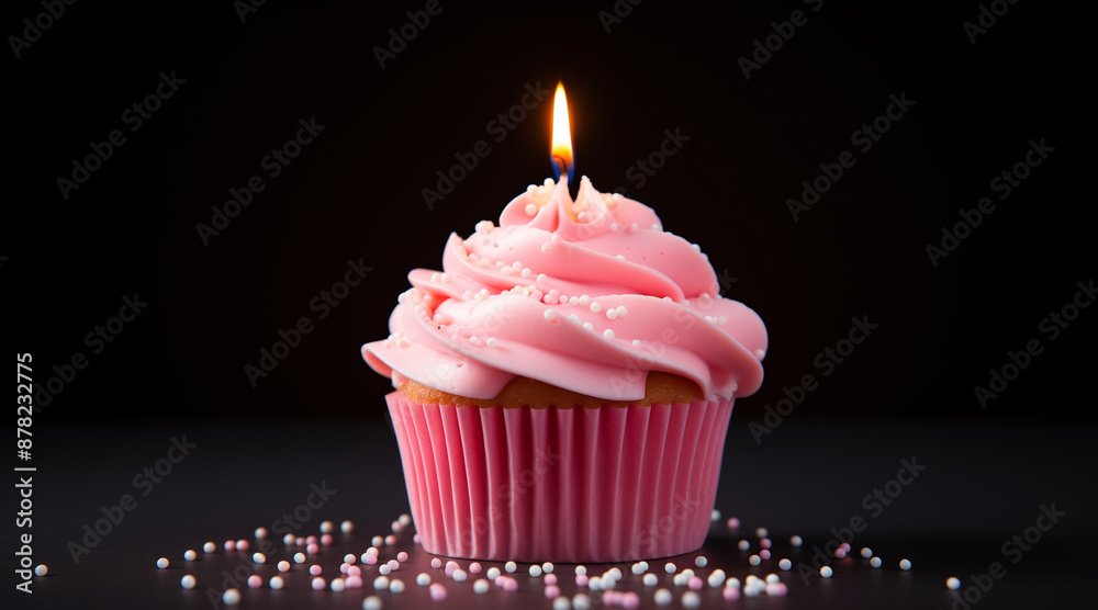 Celebratory Cupcake: Pink Frosted Delight with Single Candle Celebratory Cupcake: Pink Frosted Delight with Single Candle
