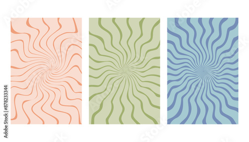 Round spiral backgrounds set in retro style and vintage colors. Vector illustrations with abstract circular pattern.