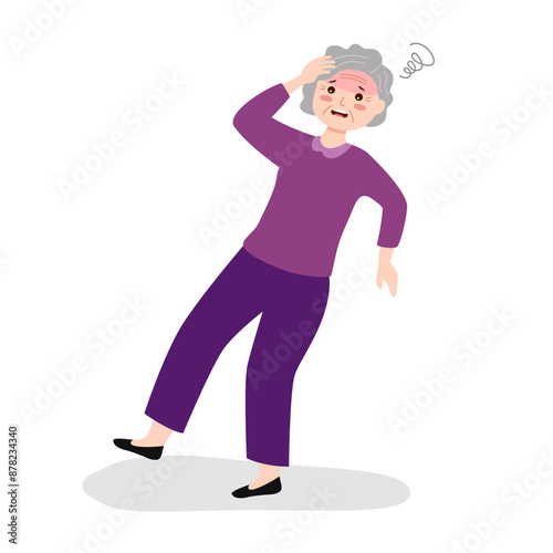 Dizzy senior woman fainting, falling down. Old senior person feeling unwell, unhealthy, dizziness, vertigo, headache. Elderly lady falls from weakness.