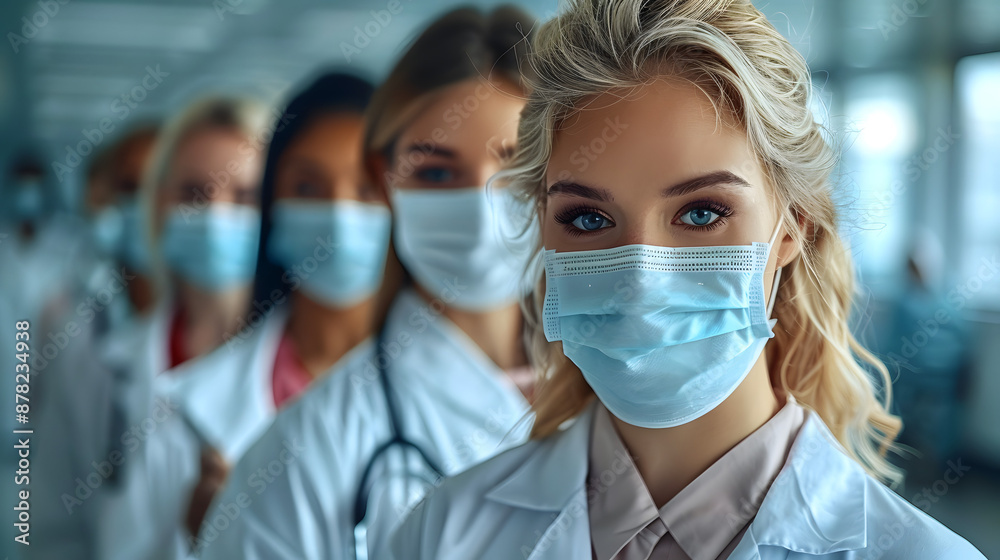 A group of serious female doctors wearing medical masks and white coats standing in a line A group of serious female doctors wearing medical masks and white coats standing in a line