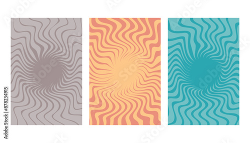 Round spiral backgrounds set in retro style and vintage colors. Vector illustrations with abstract circular pattern.