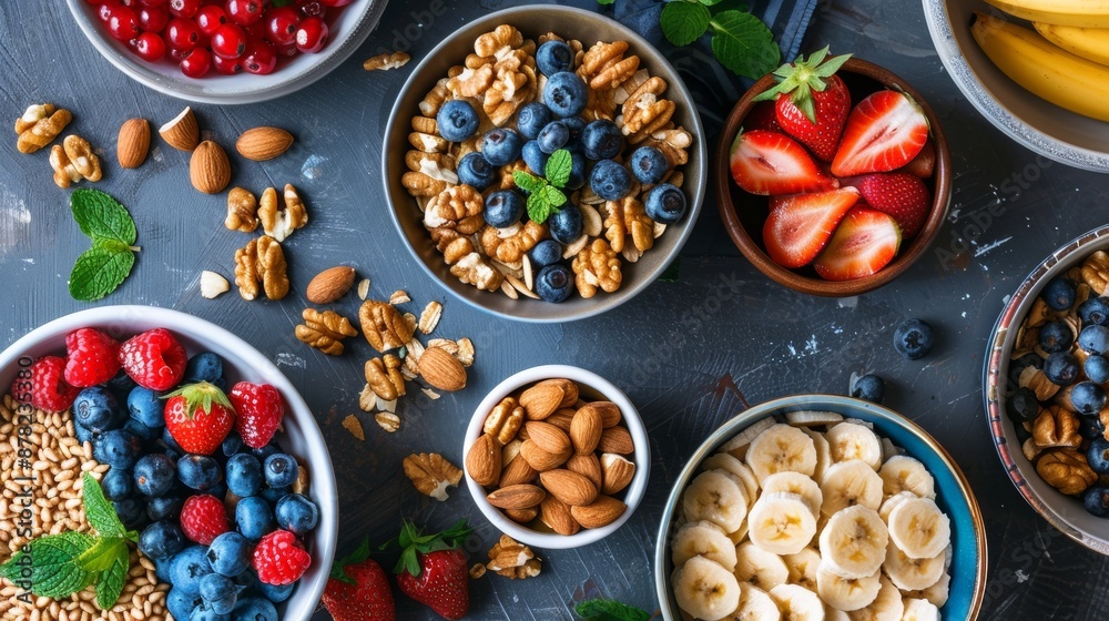 Assorted breakfast bowls with fruits and nuts Assorted breakfast bowls with fruits and nuts