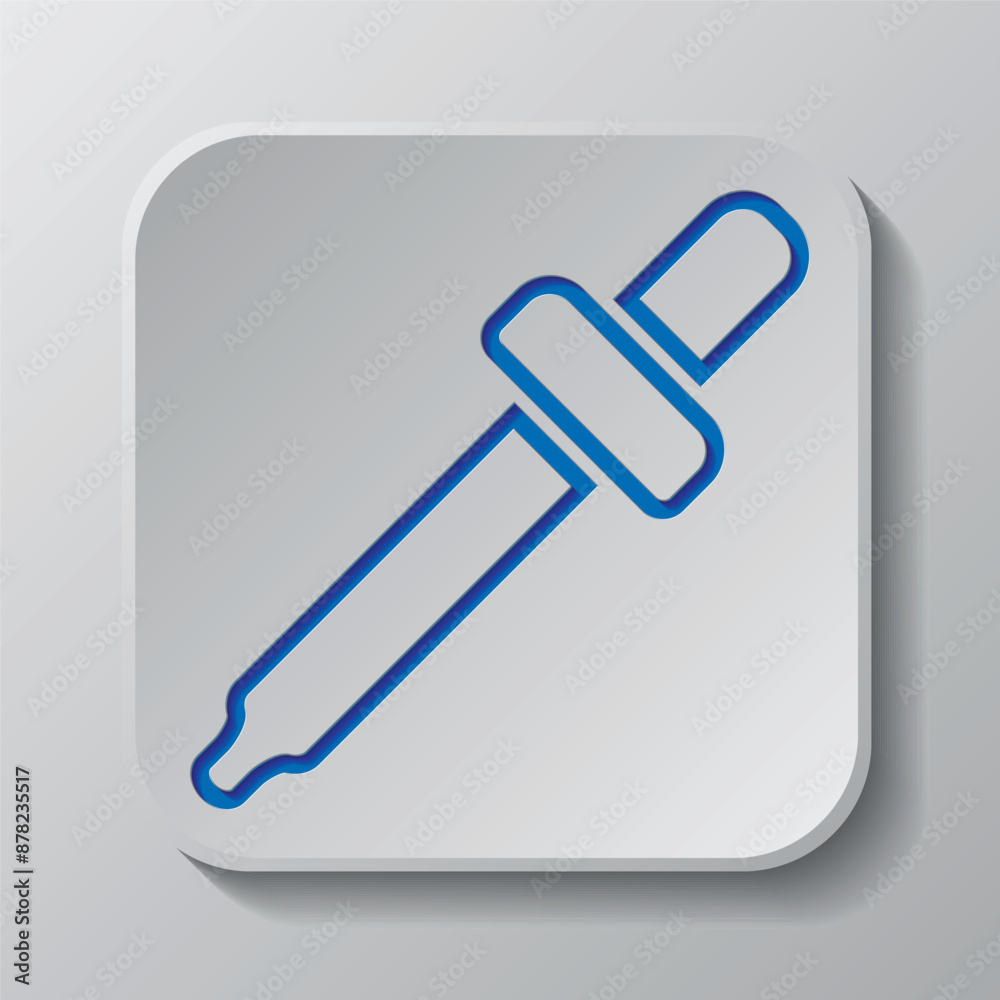 Dropper simple icon vector. Flat design. Paper cut design. Cutted blue symbol with shadow. Gray badge button, gray background Dropper simple icon vector. Flat design. Paper cut design. Cutted blue symbol with shadow. Gray badge button, gray background