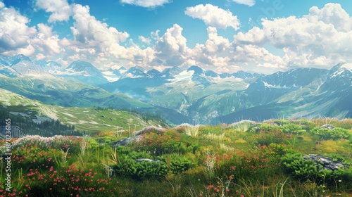 Beautiful mountain landscape with a large green valley in the foreground