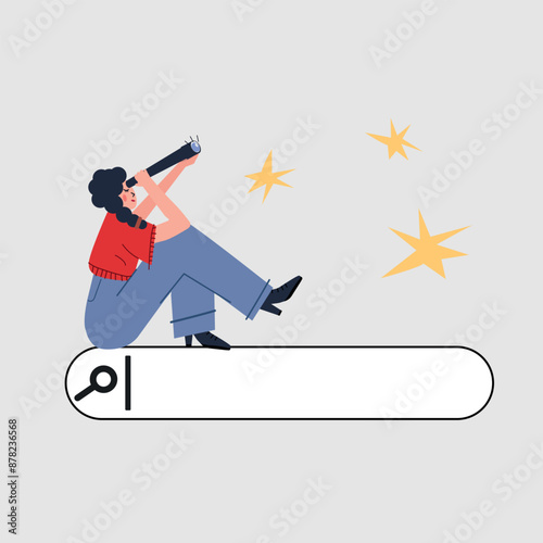 Young woman looks through a spyglass telescope on a search bar with flowers. Searching, finding, web surfing, looking for opportunities concept. Hand drawn Vector illustration. Isolated design element