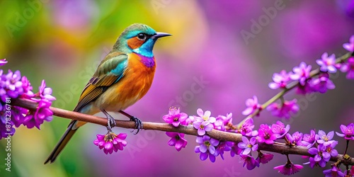 Colorful bird perched on branch with purple flowers in background, bird, colorful, branch, purple flowers, nature, wildlife