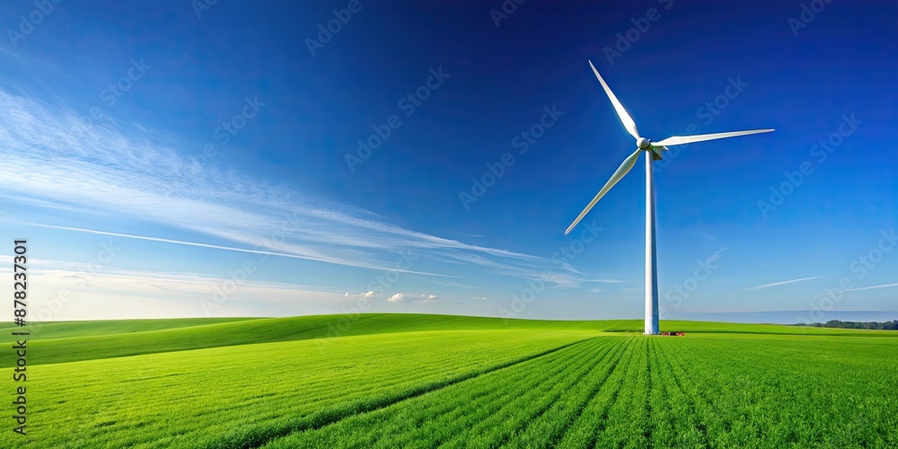 Modern wind turbine in a green field with clear sky , eco-friendly, technology, sustainable Modern wind turbine in a green field with clear sky , eco-friendly, technology, sustainable