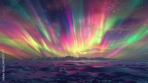 Ethereal northern lights with vibrant color waves. Time-lapse effect. Arctic tundra background 